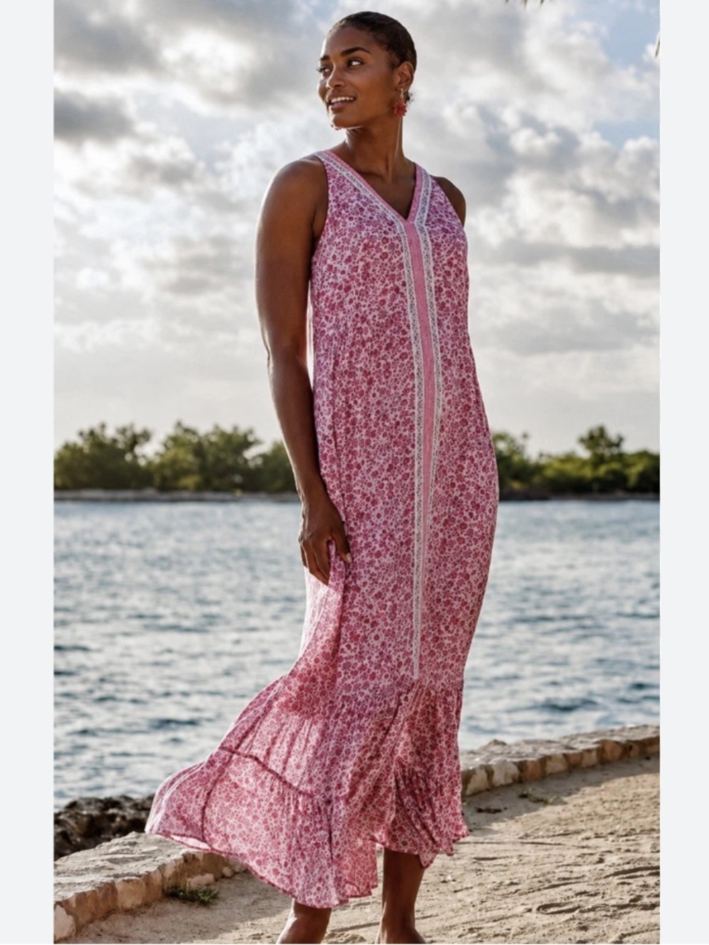 NEW J. Jill Pink Floral Flounced Hem Maxi Dress Size ST